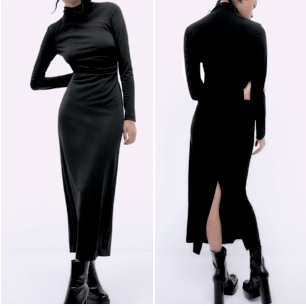 NWOT Zara Black Side Ruched Long sleeves Midi Mock Neck Dress Size S